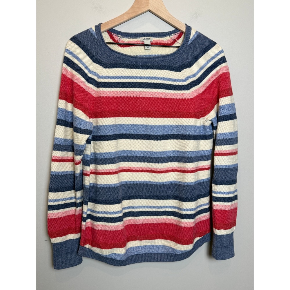 L.L. Bean‎ Womens M Sweater Roll Neck Recycled Cotton Red White Blue Striped